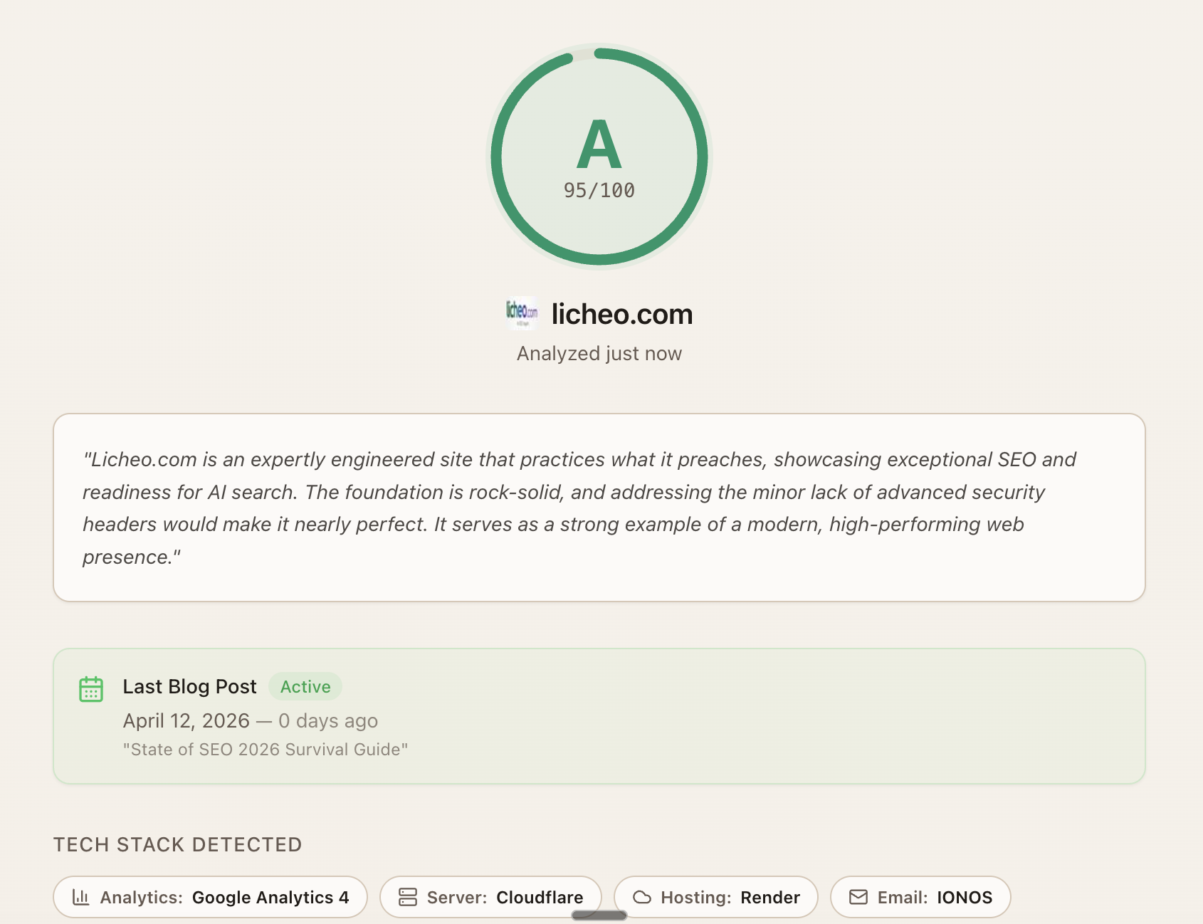 licheo.com scored 95 out of 100 — Grade A. The analysis detected Google Analytics 4, Cloudflare, Render hosting, and IONOS email. An expertly engineered site with exceptional SEO and AI search readiness.