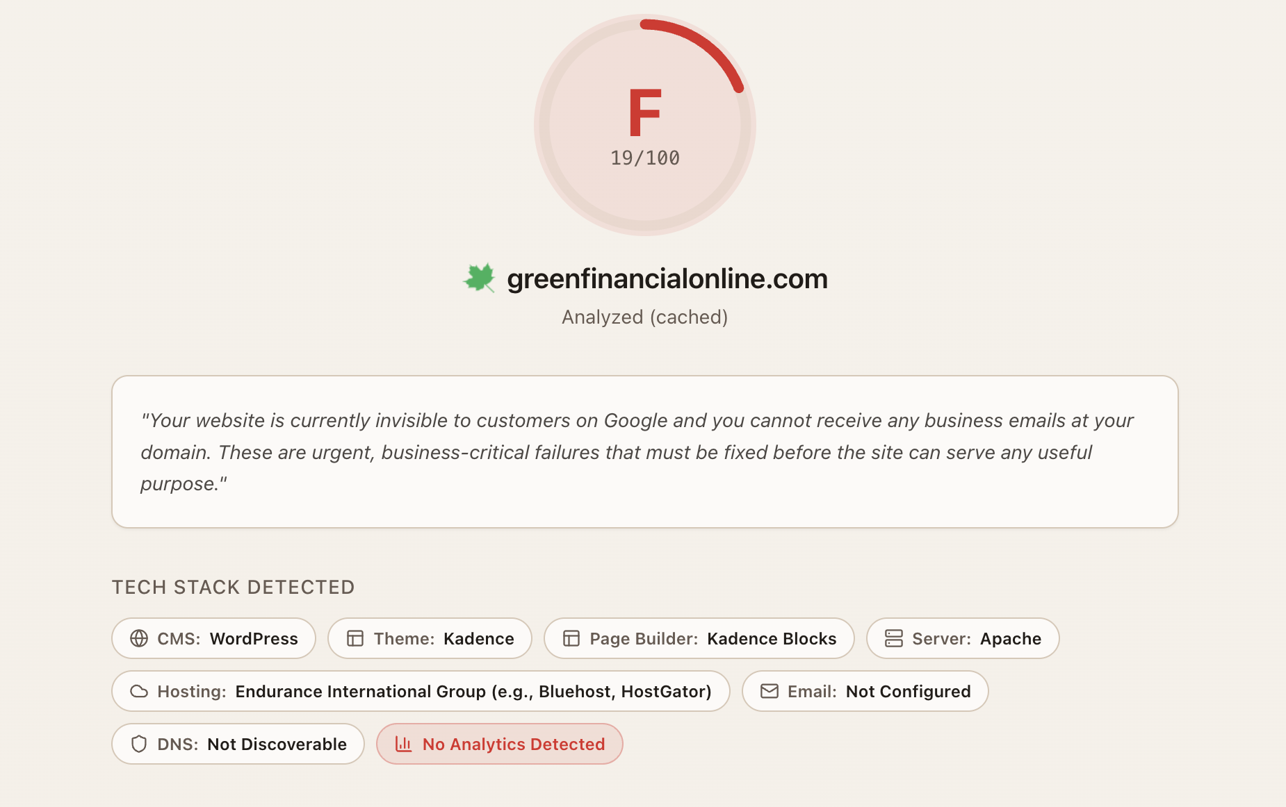 greenfinancialoline.com scored 19 out of 100 — Grade F. The analysis detected WordPress on shared hosting with no analytics, no email configuration, and critical visibility failures.