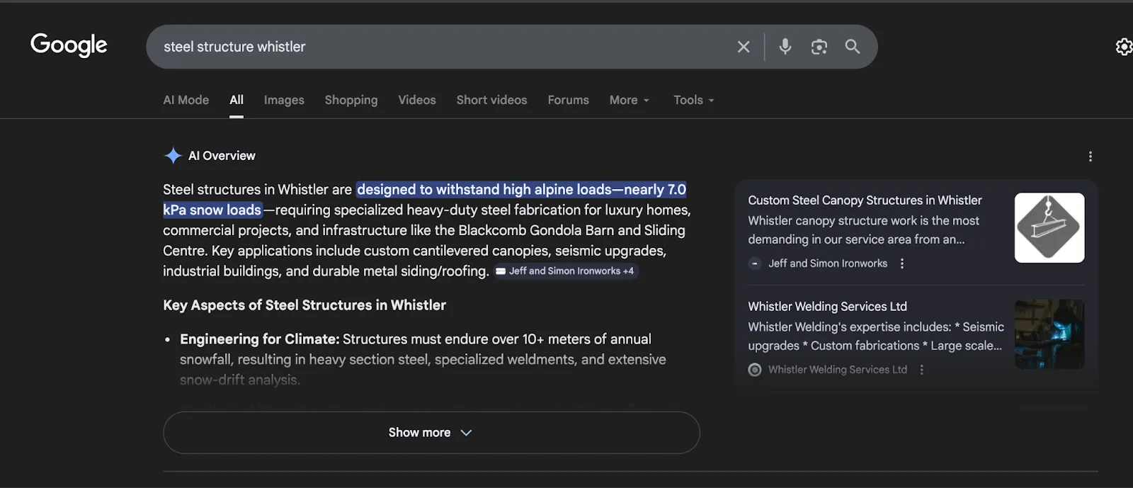 Google AI Overview for steel structure whistler citing Jeff and Simon Ironworks as a source.