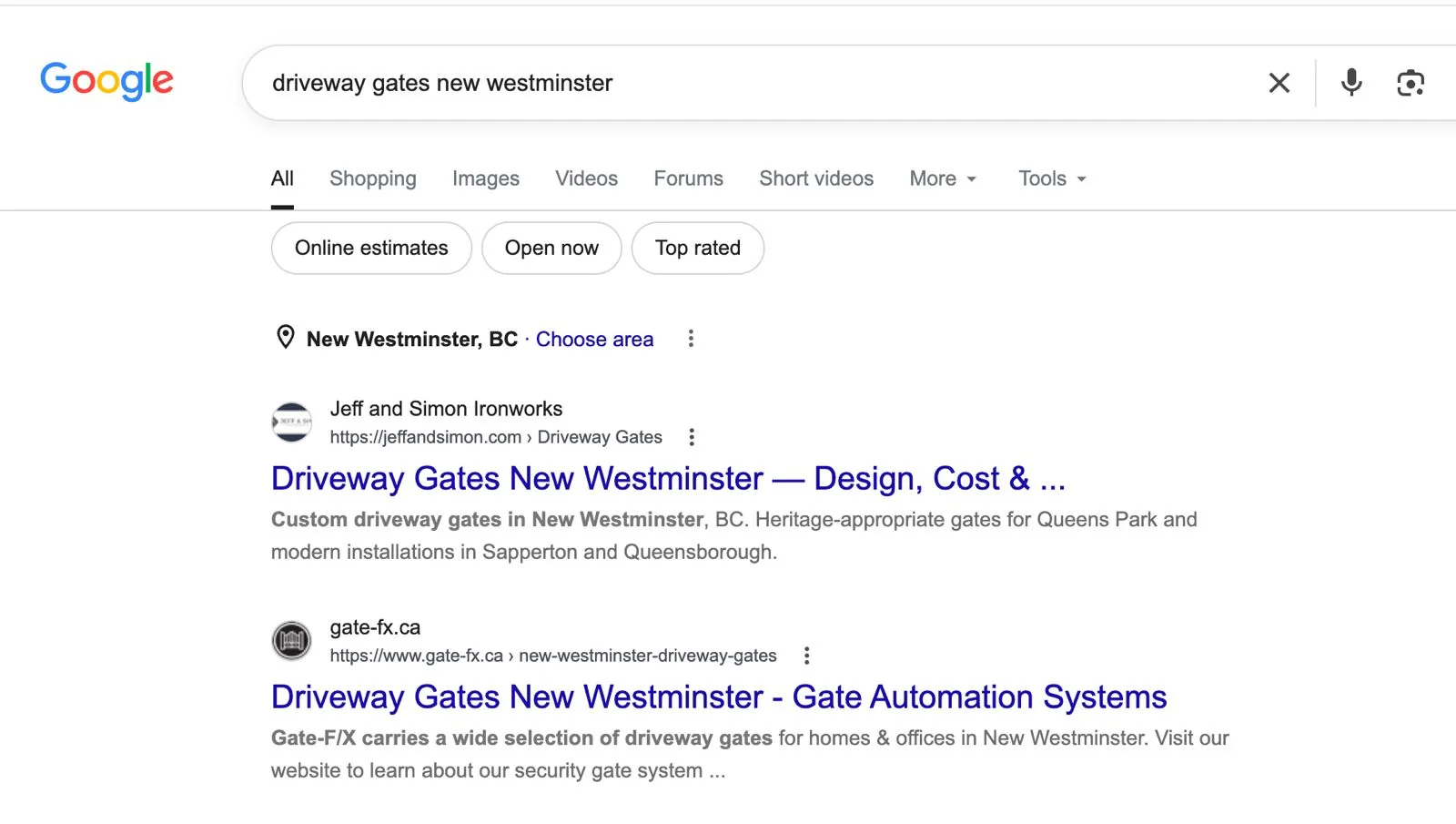 Google search results for driveway gates new westminster showing Jeff and Simon Ironworks as the first organic result.