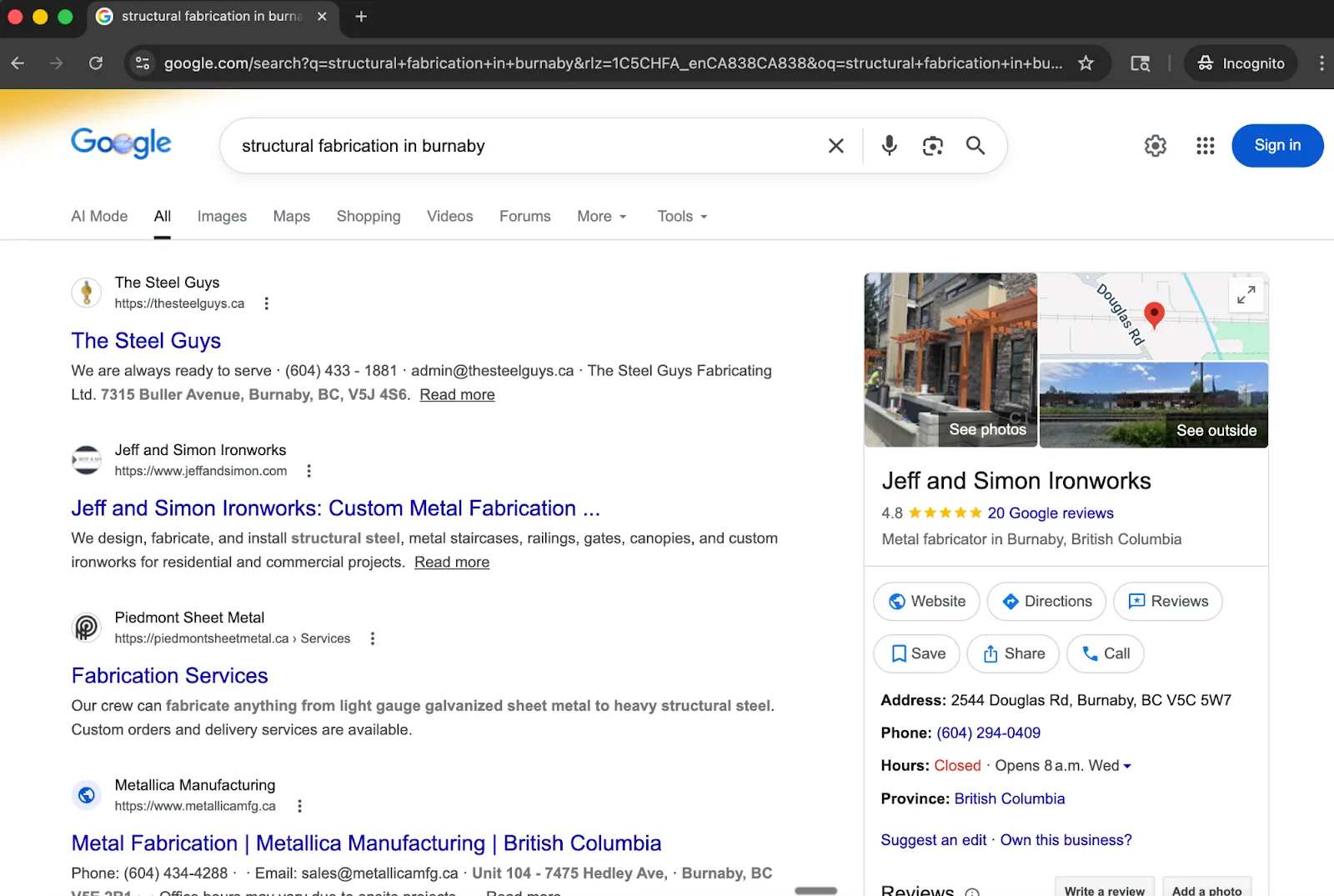 Google results for structural fabrication in burnaby showing Jeff and Simon Ironworks with a Knowledge Panel rated 4.9 stars across 20 reviews.