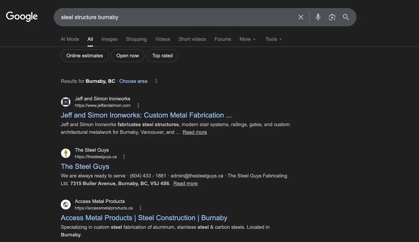 Google search results for steel structure burnaby showing Jeff and Simon Ironworks ranking first.