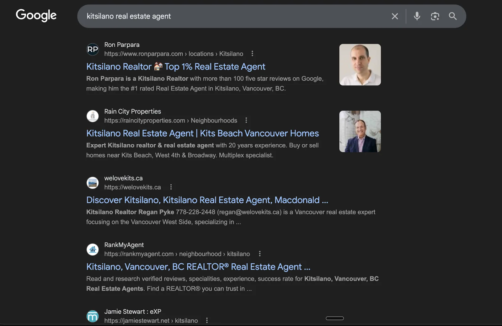 Google search results for kitsilano real estate agent showing Rain City Properties ranking on the first page.