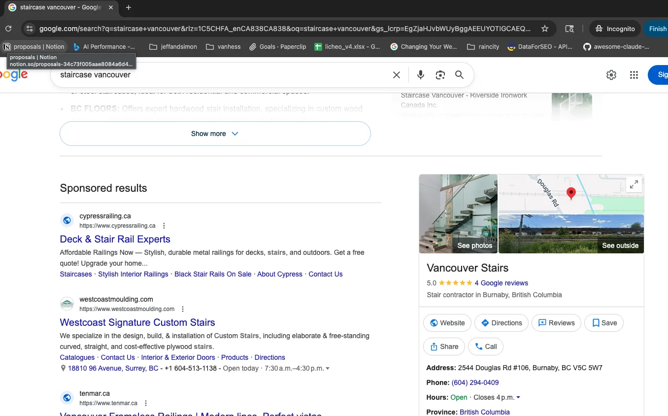 Google results for staircase vancouver showing the Vancouver Stairs Knowledge Panel with a 5.0 star rating.