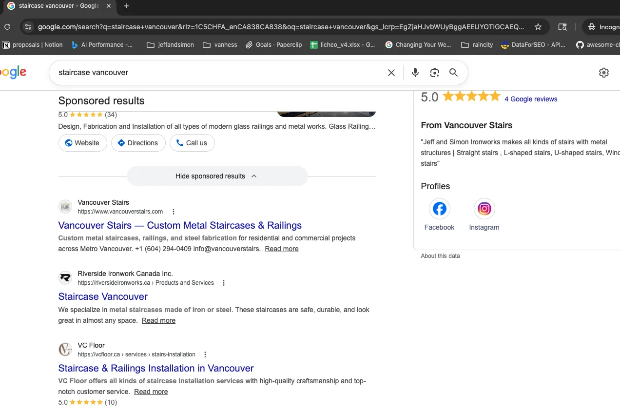 Google Knowledge Panel detail for Vancouver Stairs showing a 5.0 star rating across 4 Google reviews.