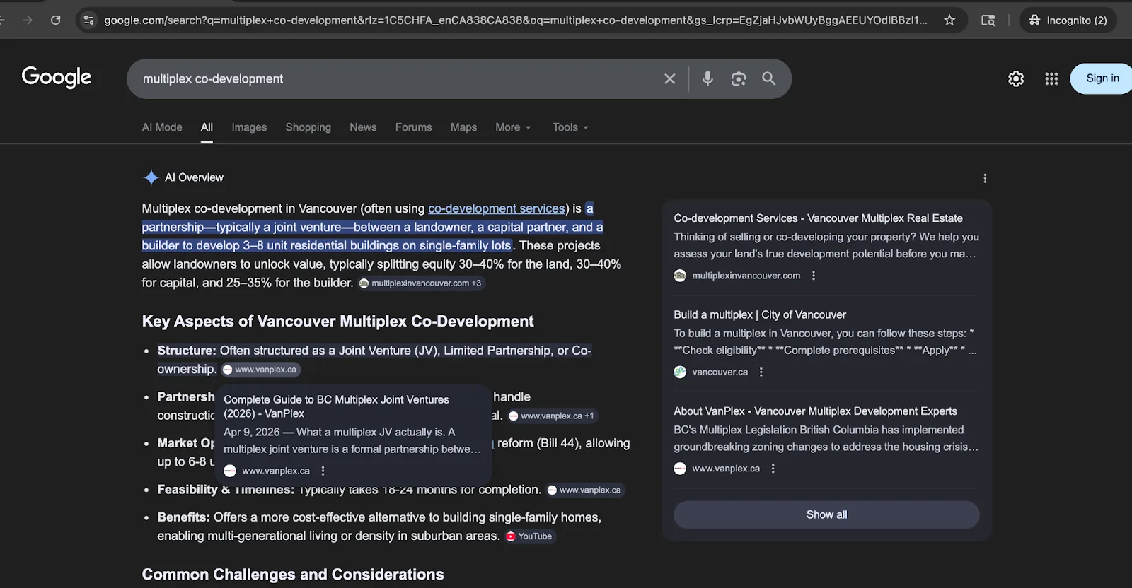Google AI Overview for multiplex co-development with VanPlex cited as a source.