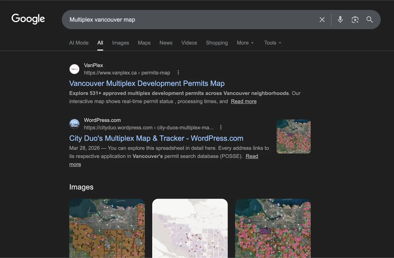 Google search results for multiplex vancouver map showing VanPlex ranking first.