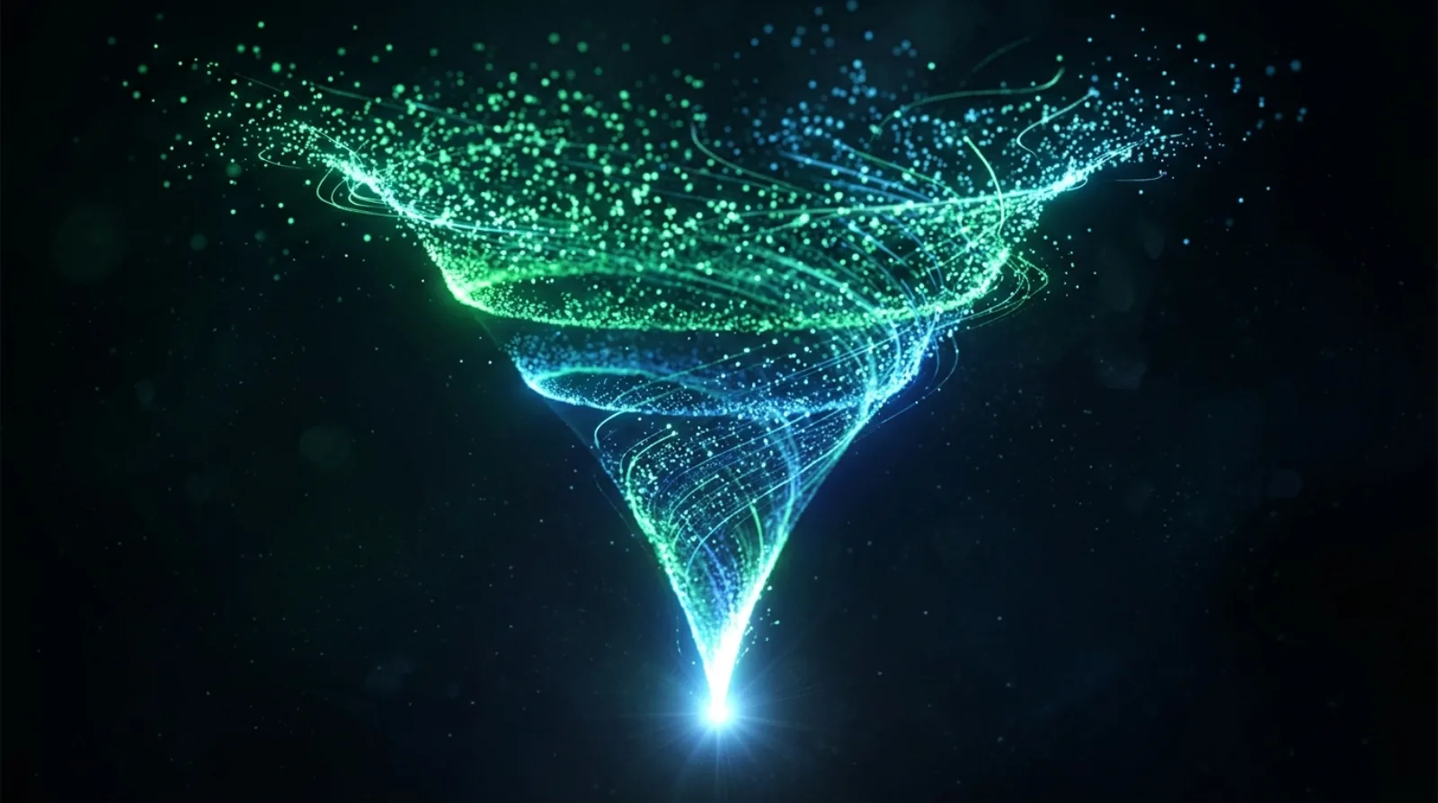 An abstract funnel of glowing particles narrowing into a single bright conversion point, in green and blue on a dark background