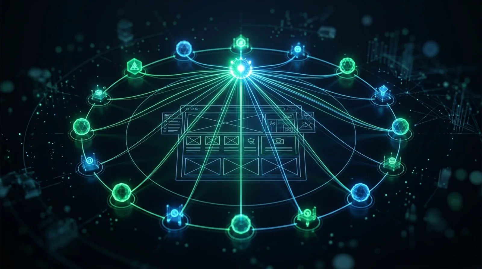A ring of glowing specialist agent nodes connected to a central website, coordinated by a brighter orchestrator node, in green and blue on dark
