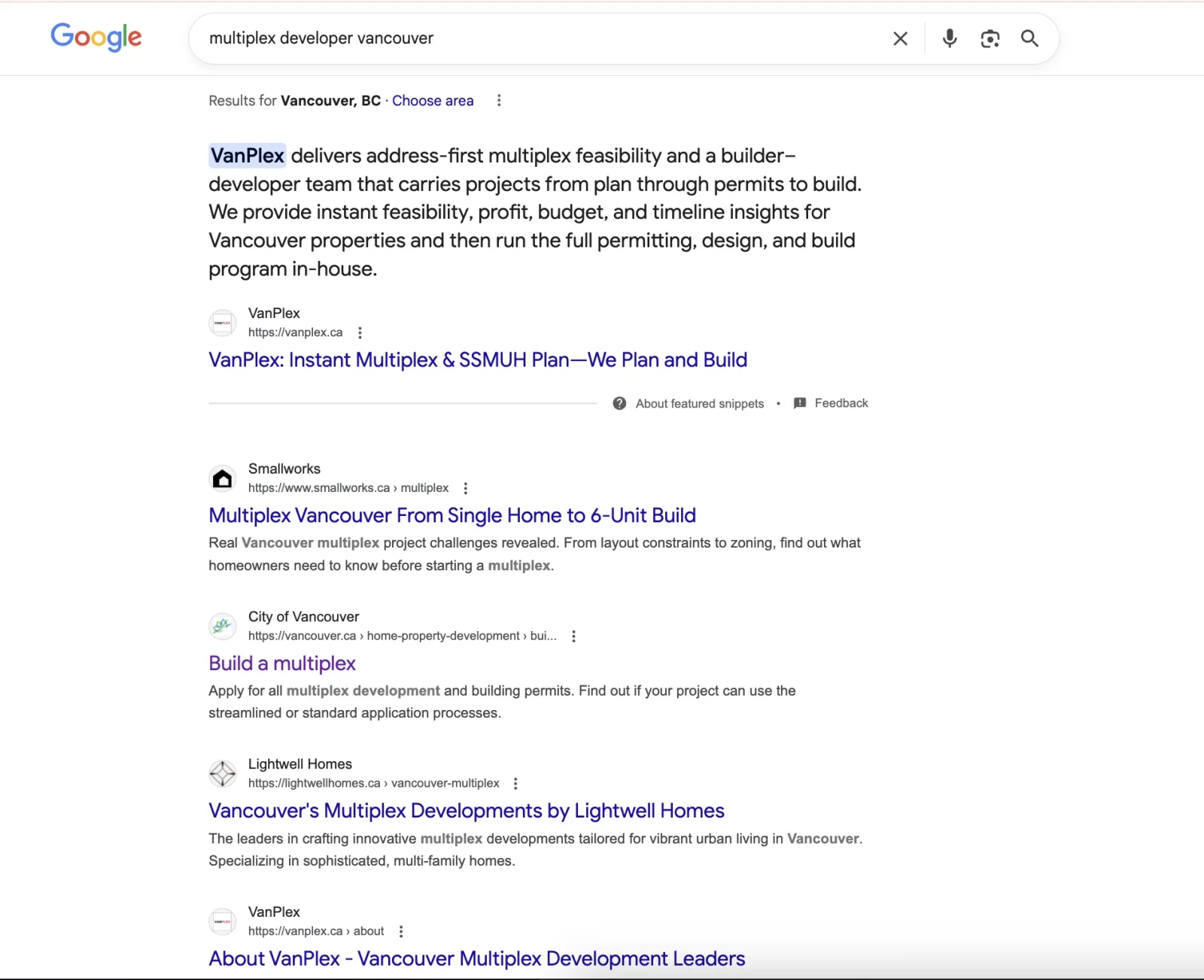 Google results showing VanPlex prominently featured for multiplex developer Vancouver.