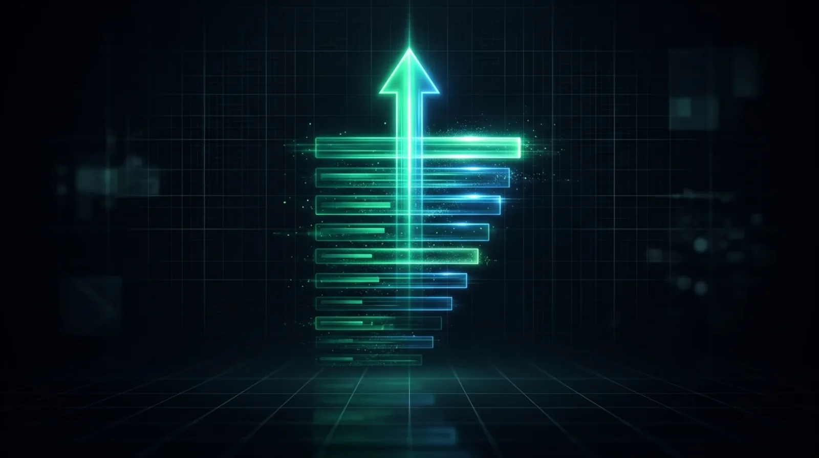 An abstract search results panel rising in rank, drawn in glowing green and blue lines on a dark background